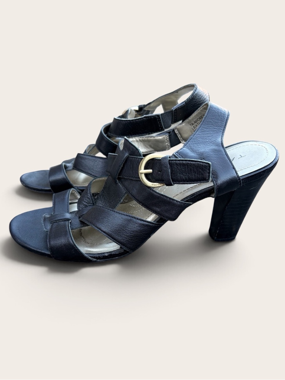 Tahari Black Leather Strappy Heeled Sandals Gold Buckle 7.5M